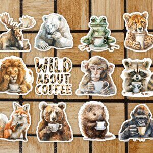 Wild About Coffee Sticker Pack of 12 Vinyl Stickers - Waterproof Animal Stickers